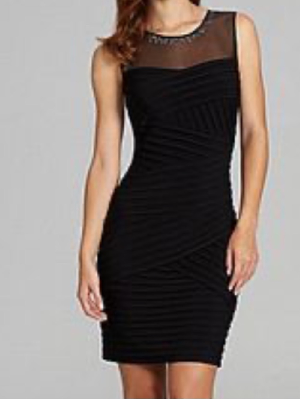 Calvin Klein Black Mini Sheath Dress with Embellished Illusion Neckline